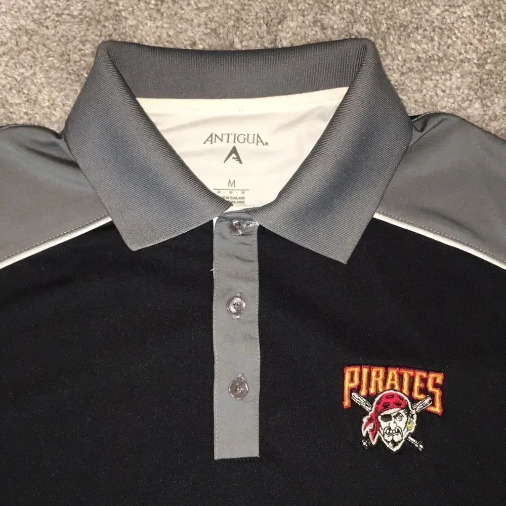 Gray & Black 100% poly MLB Pittsburgh Pirates golf polo shirt M mens Antigua